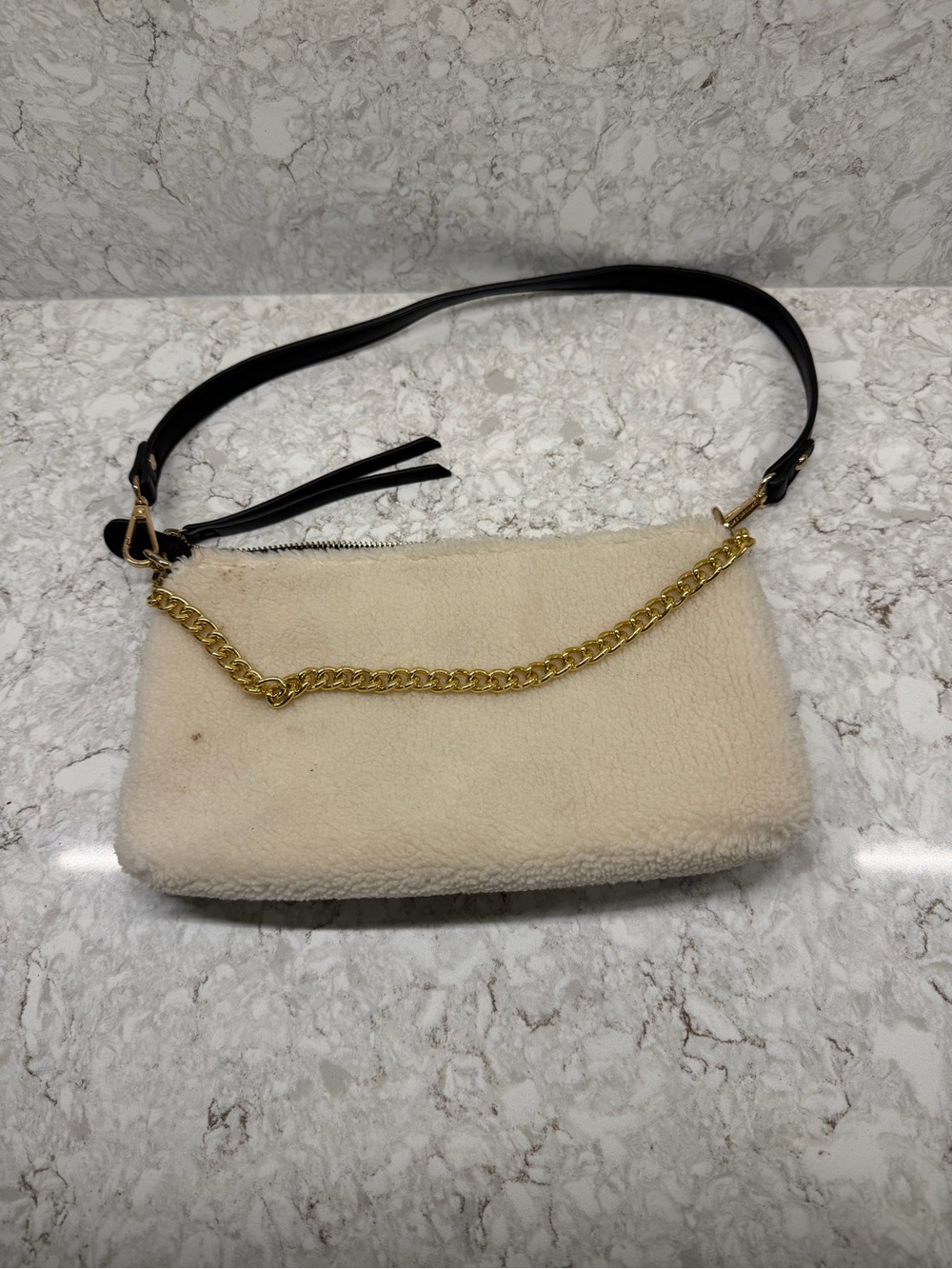 Cream Shearling Shoulder Bag with Gold Chain and Black Strap